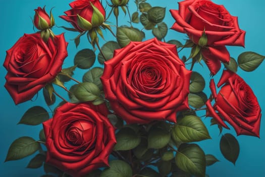 Red roses background. Top view of beautiful red roses with green leaves. ai generative