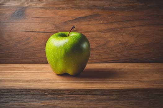 Green apple on a wooden background. ai generative