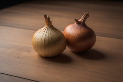 Three onions on a wooden table in front of a solid color background. ai generative