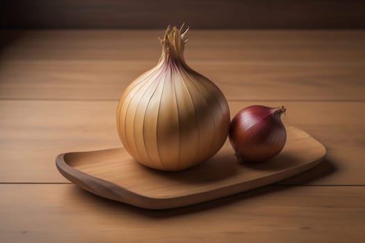 Three onions on a wooden table in front of a solid color background. ai generative