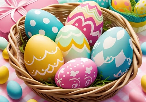 Easter bunny with colorful eggs in nest. ai generative