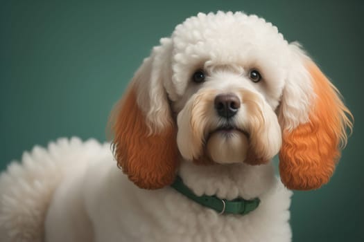 Close-up portrait of a poodle dog on a solid color background. ai generative