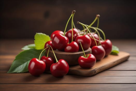 Red cherries on a wooden background. Close up. Selective focus. ai generative