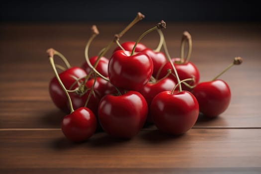 Red cherries on a wooden background. Close up. Selective focus. ai generative