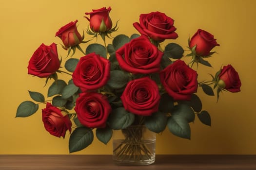 Red roses background. Top view of beautiful red roses with green leaves. ai generative
