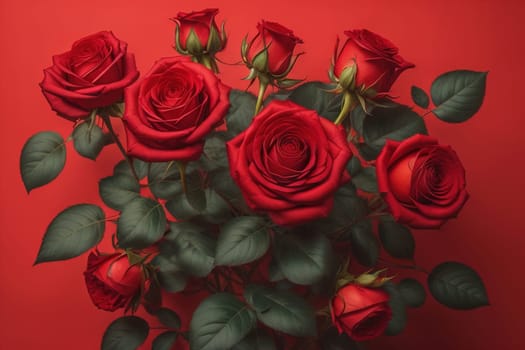 Red roses background. Top view of beautiful red roses with green leaves. ai generative
