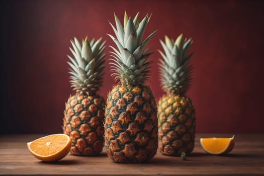 Pineapples on a wooden background. ai generative