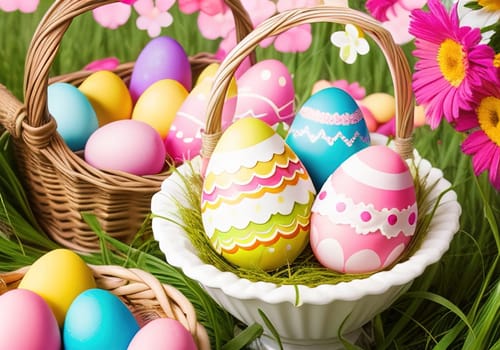 Easter bunny with colorful eggs in nest. ai generative