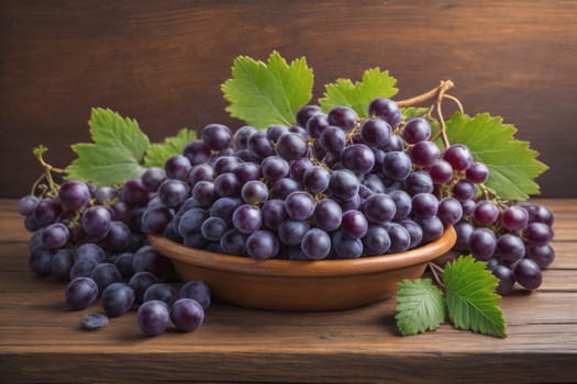 Bunch of fresh grapes on wooden table. Vintage style toned picture. ai generative