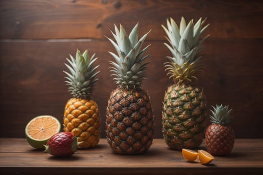 Pineapples on a wooden background. ai generative
