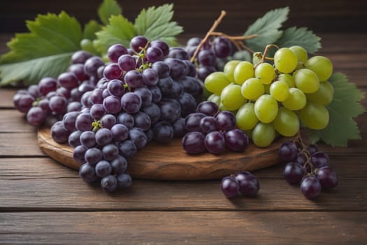 Bunch of fresh grapes on wooden table. Vintage style toned picture. ai generative