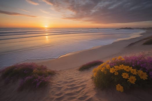 Beautiful sunset on the beach with reflection in the water. Long exposure. ai generative