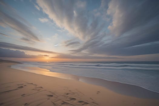 Beautiful sunset on the beach with reflection in the water. Long exposure. ai generative