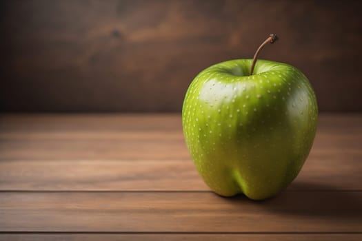 Green apple on a wooden table with dark background, shallow depth of field. The concept of healthy eating. ai generative