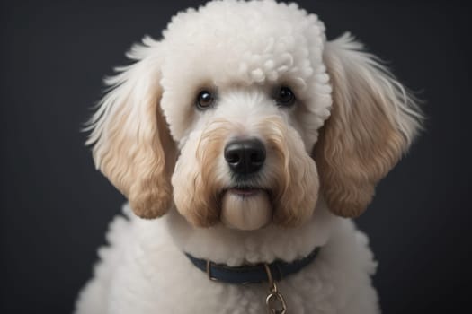 Close-up portrait of a poodle dog on a solid color background. ai generative