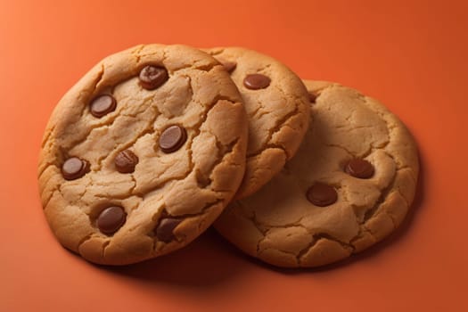 Chocolate chip cookies on orange background. Close up. Selective focus. ai generative