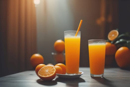 Glass of orange juice and fresh orange fruits. ai generative