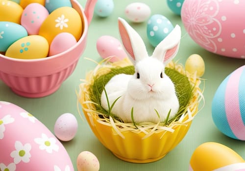 Easter bunny with colorful eggs in nest. ai generative