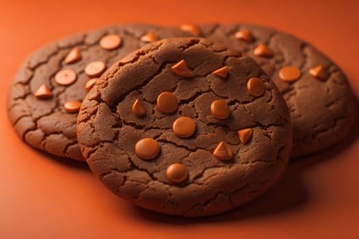 Chocolate chip cookies on orange background. Close up. Selective focus. ai generative
