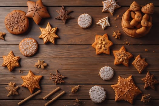 Cookies on a wooden table. Top view. ai generative