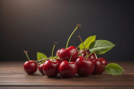 Red cherries on a wooden background. Close up. Selective focus. ai generative