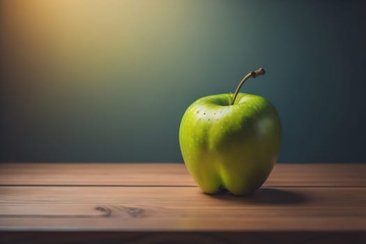 Green apple on a wooden table with dark background, shallow depth of field. The concept of healthy eating. ai generative