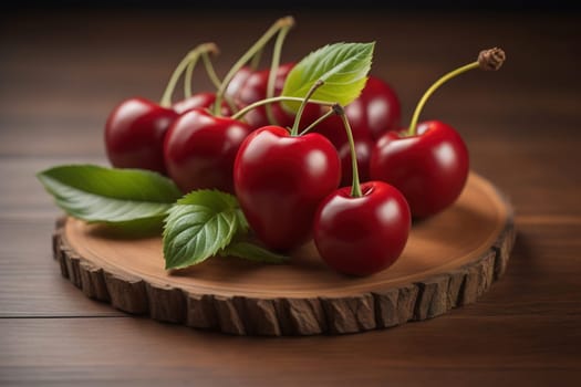 Red cherries on a wooden background. Close up. Selective focus. ai generative