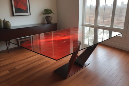 a glass table in a room. ai generative