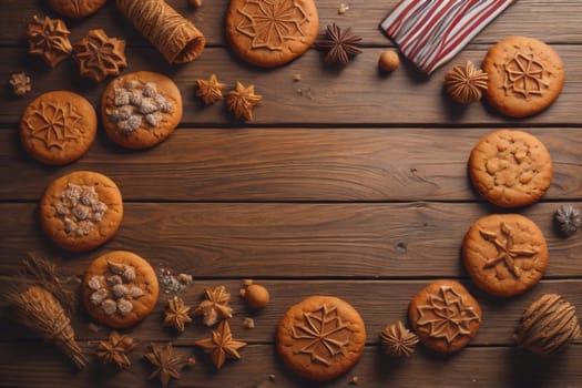 Cookies on a wooden table. Top view. ai generative
