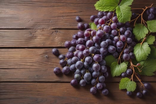 Bunch of fresh grapes on wooden table. Vintage style toned picture. ai generative