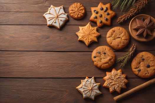 Cookies on a wooden table. Top view. ai generative