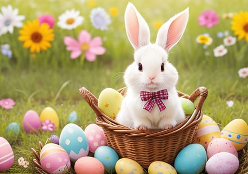 Easter bunny with colorful eggs in nest. ai generative
