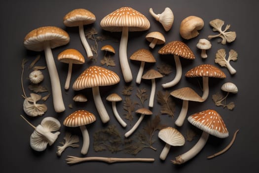 Mushrooms on a solid color background with green moss and water drops. generative ai