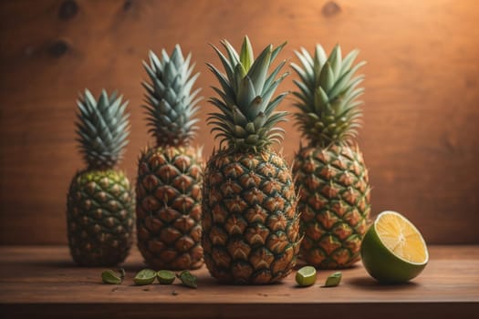 Pineapples on a wooden background. ai generative