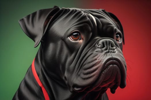 Close up portrait of a cute black dog on a orange background. ai generative