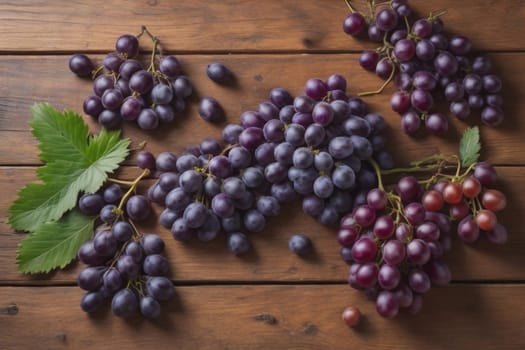 Bunch of fresh grapes on wooden table. Vintage style toned picture. ai generative