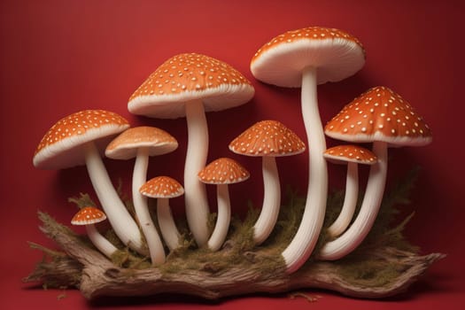 Mushrooms on a solid color background with green moss and water drops. generative ai