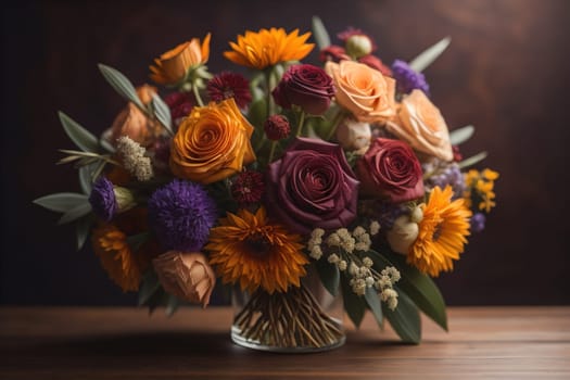 wedding bouquet of different colors on a solid color background. ai generative