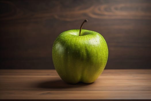 Green apple on a wooden table with dark background, shallow depth of field. The concept of healthy eating. ai generative