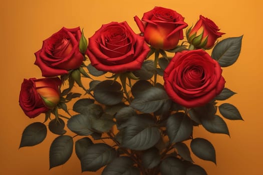 Red roses background. Top view of beautiful red roses with green leaves. ai generative