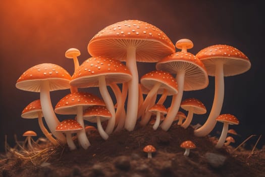 Mushrooms on a solid color background with green moss and water drops. generative ai