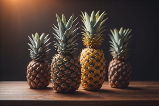 Pineapples on a wooden background. ai generative