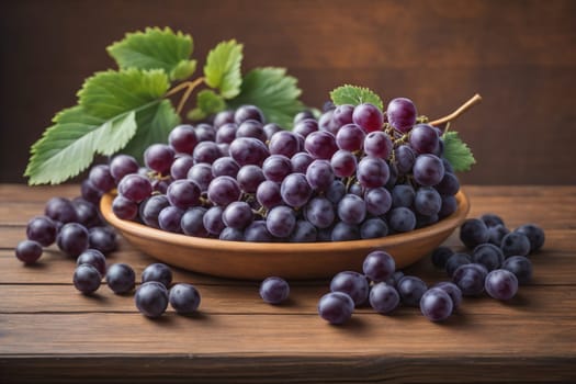 Bunch of fresh grapes on wooden table. Vintage style toned picture. ai generative