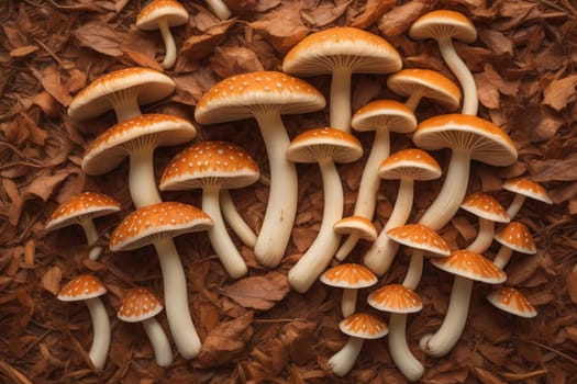 Mushrooms on a solid color background with green moss and water drops. generative ai