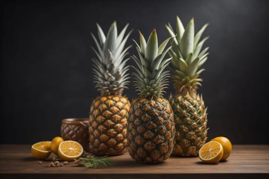 Pineapples on a wooden background. ai generative