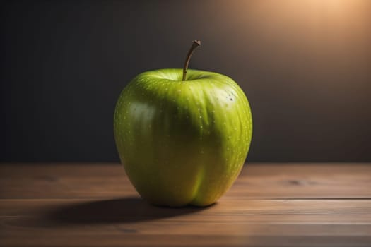 Green apple on a wooden table with dark background, shallow depth of field. The concept of healthy eating. ai generative
