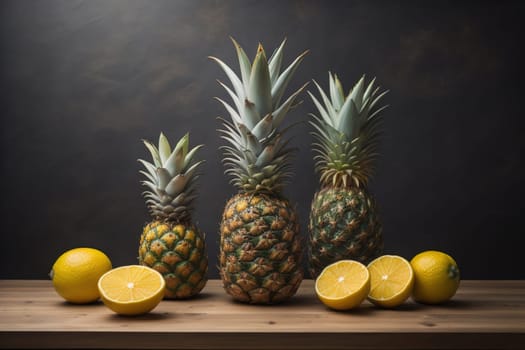 Pineapples on a wooden background. ai generative