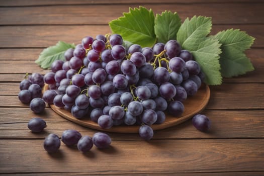 Bunch of fresh grapes on wooden table. Vintage style toned picture. ai generative