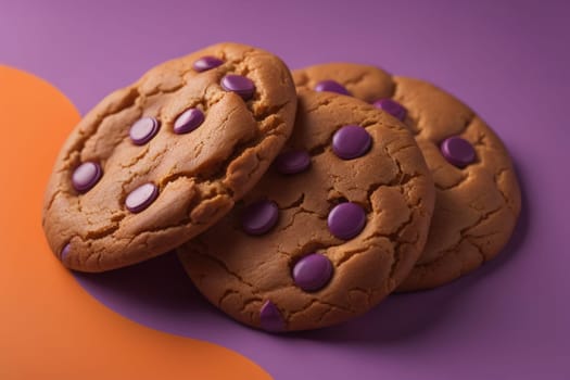 Chocolate chip cookies on orange background. Close up. Selective focus. ai generative