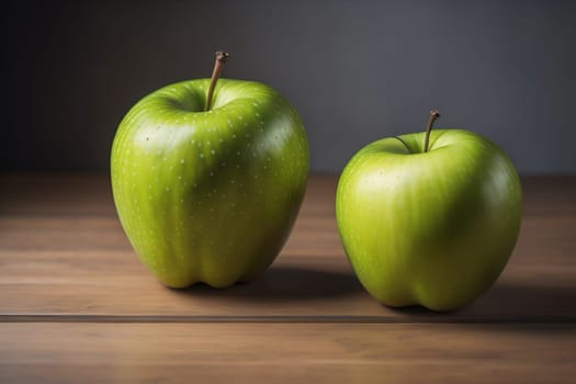 Green apple on a wooden table with dark background, shallow depth of field. The concept of healthy eating. ai generative